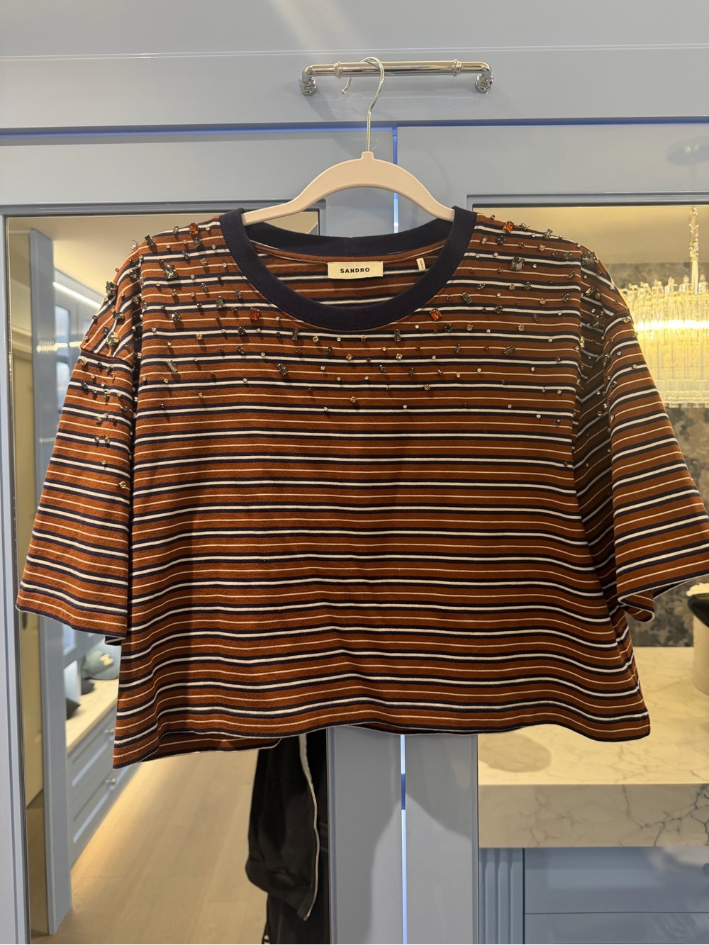 Sandro Striped Rhinestone T-Shirt Brown Navy Size 1 / Small